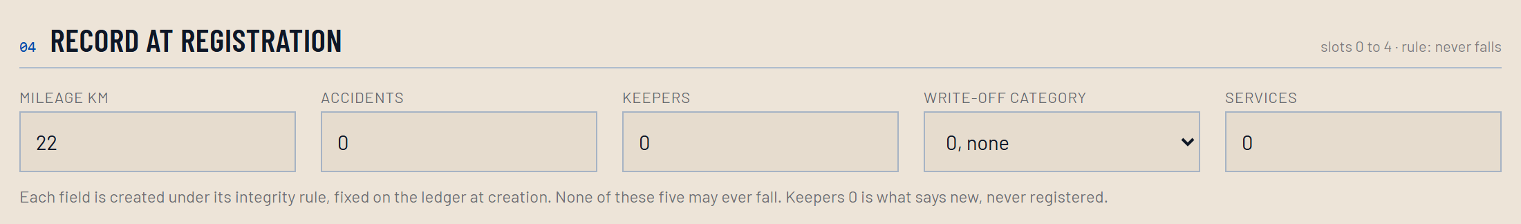 Record the values as they stand at registration